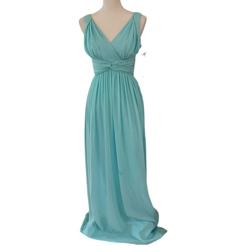Donna Morgan Aqua Chiffon Maxi Dress Formal Gown‎ Sleeveless V-Neck Bridesmaid